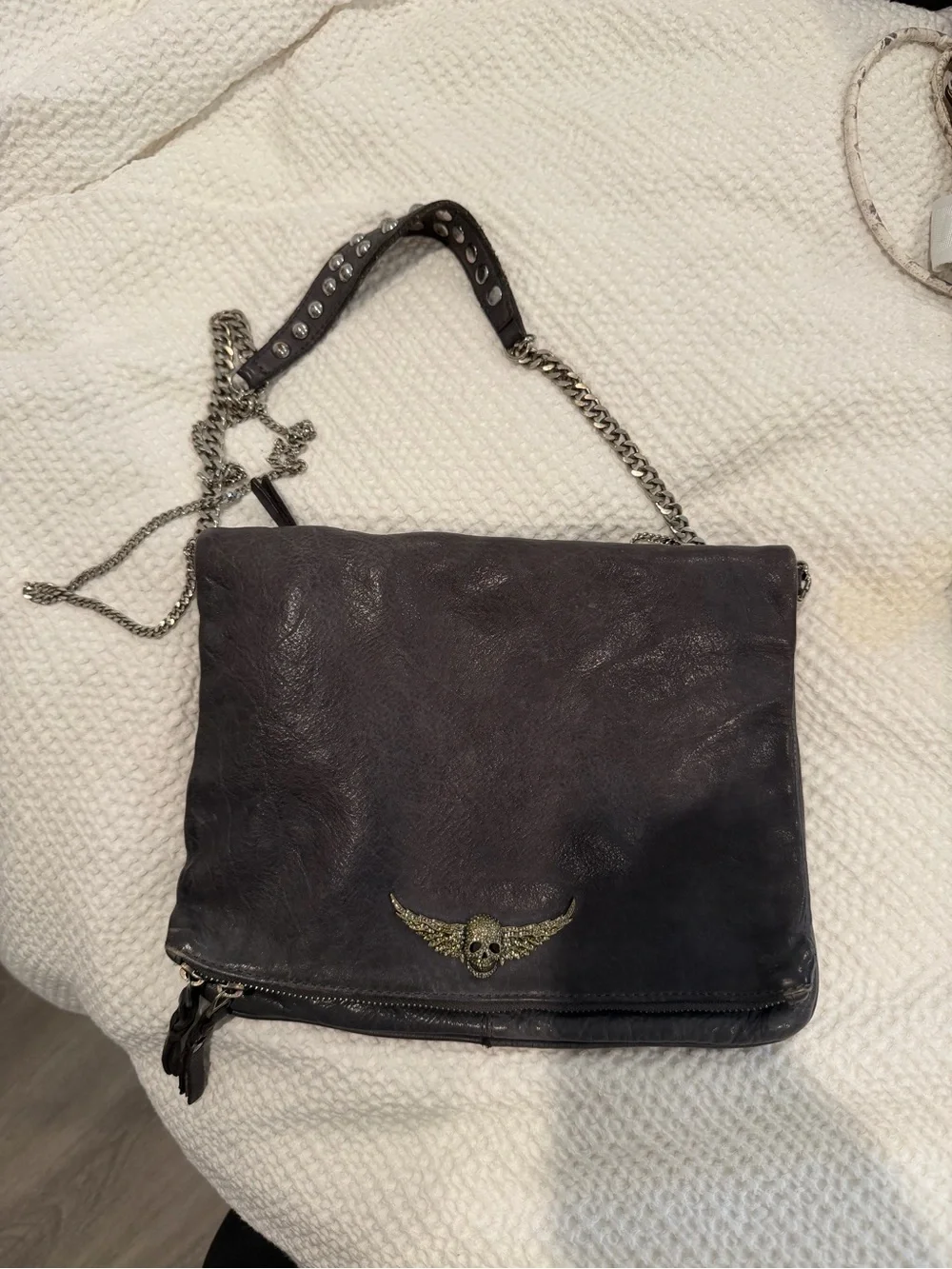 Zadig & Voltaire Rocky Gray Distressed Leather Foldover Chain Crossbody